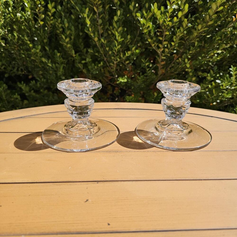 Vintage Fostoria American Clear Cubist Clear Glass Candlestick Holders